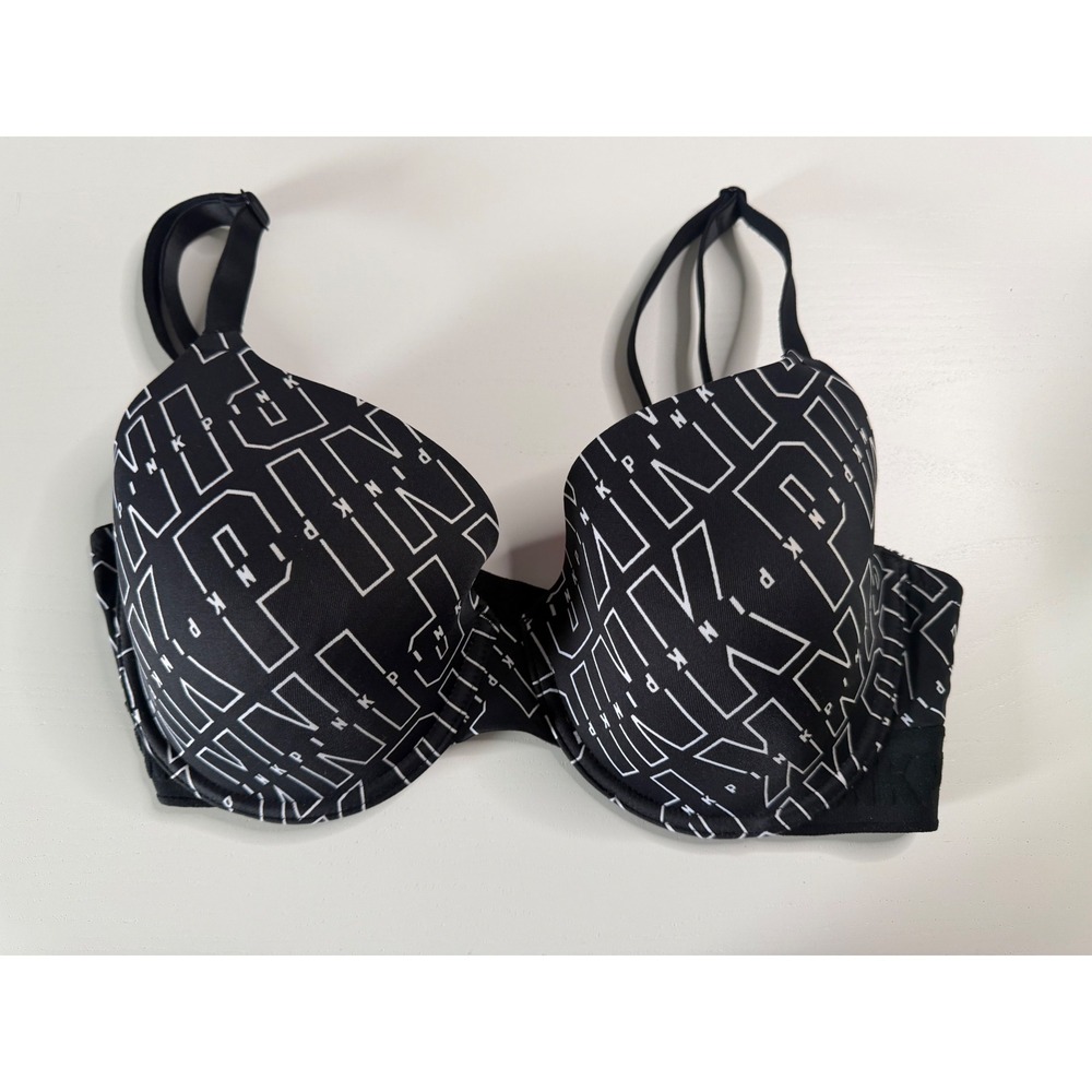 Victoria's Secret PINK Wear Everywhere T-Shirt Bra Black White Logo 36D